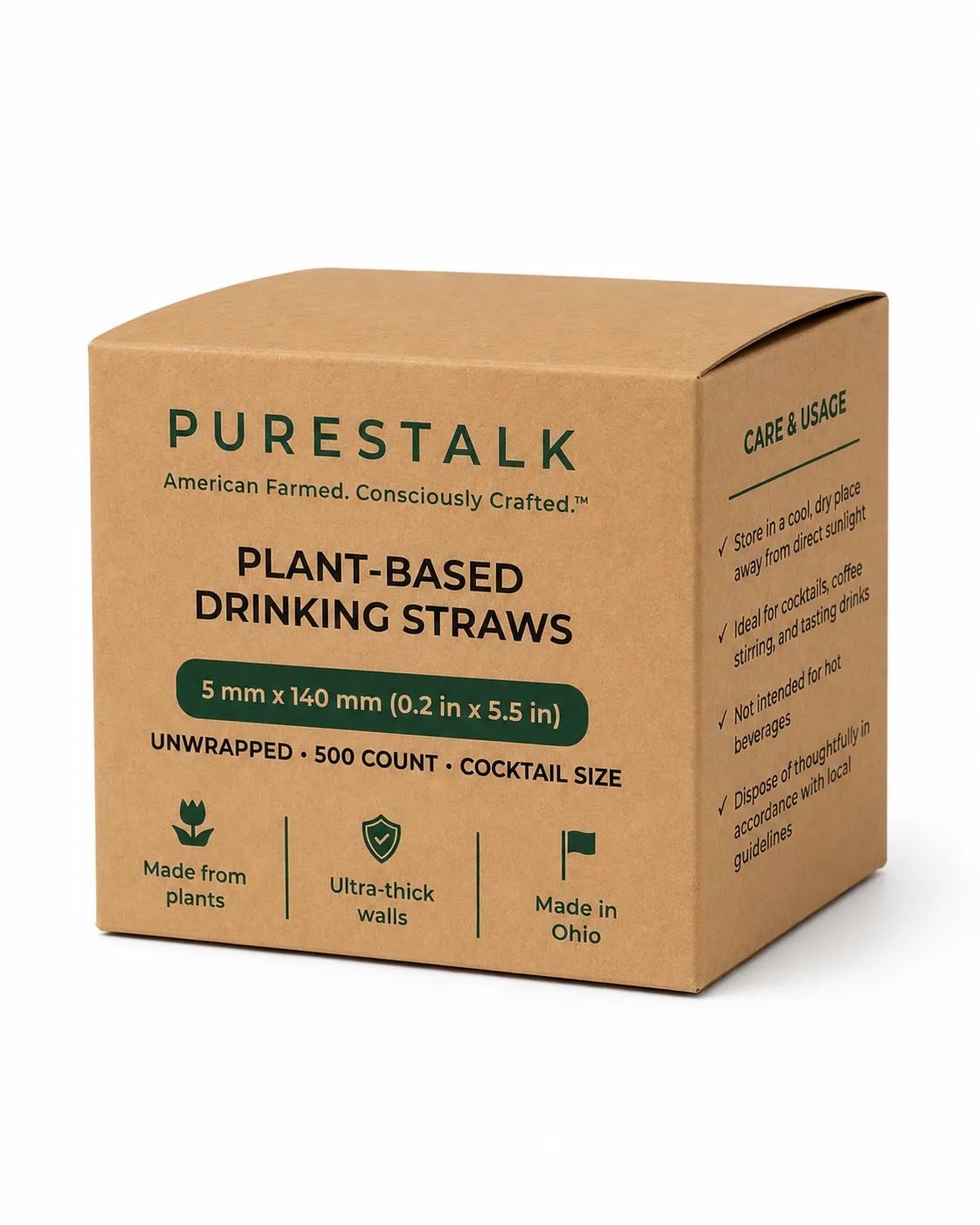 PureStalk 5mm Cocktail Drinking Straws - Plant-Based PLA - 0.20x5.5" (5x140mm) - Retail Box
