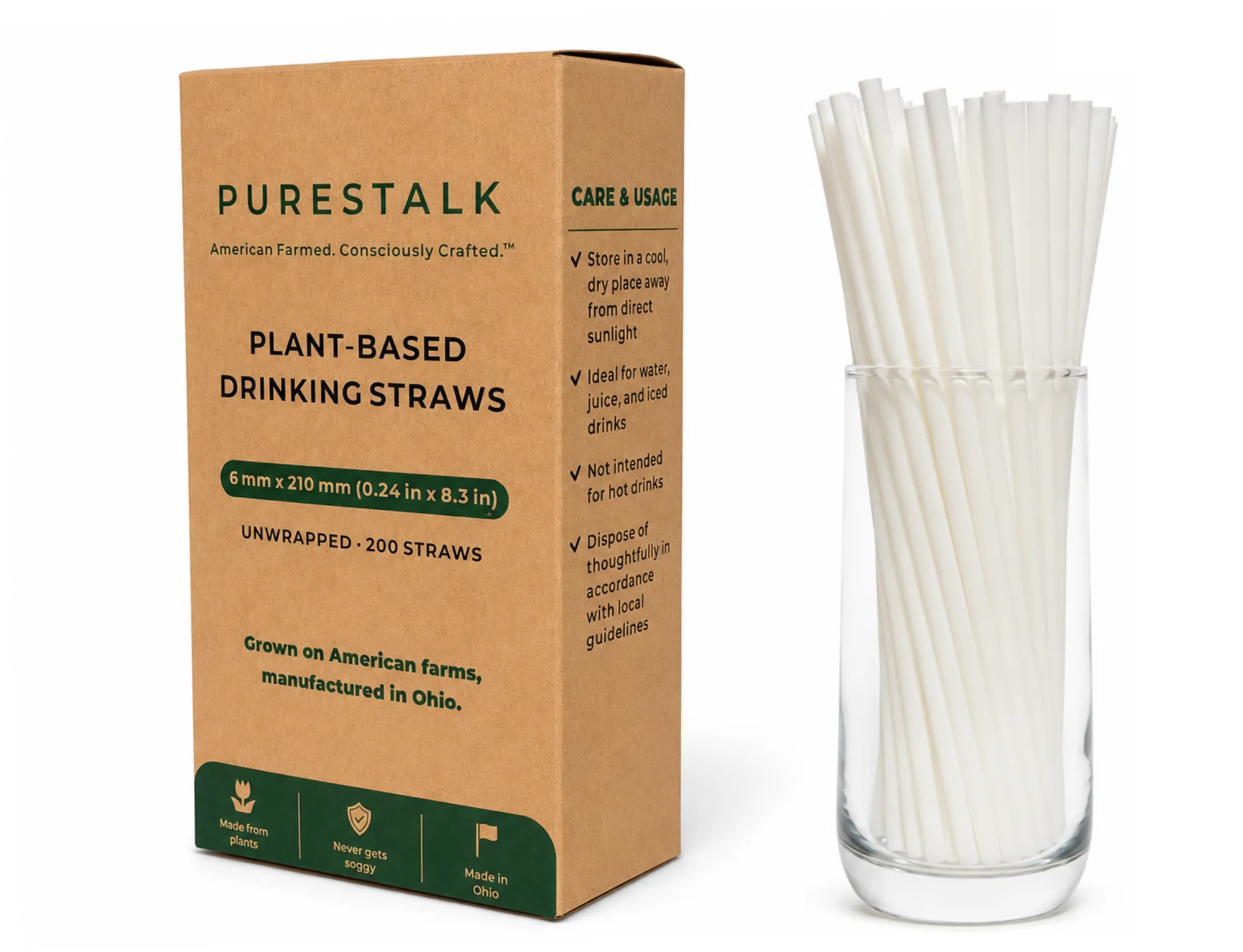 PureStalk 6mm Standard Drinking Straws - Plant-Based PLA - 0.24x8.3" (6x210mm) - Retail Box