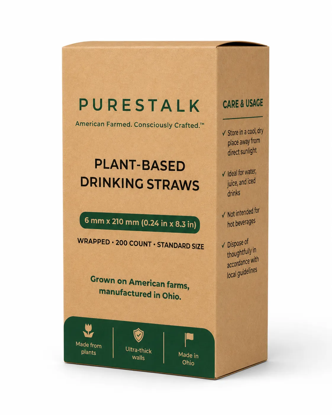 PureStalk 6mm Standard Drinking Straws - Plant-Based PLA - 0.24x8.3" (6x210mm) - Retail Box