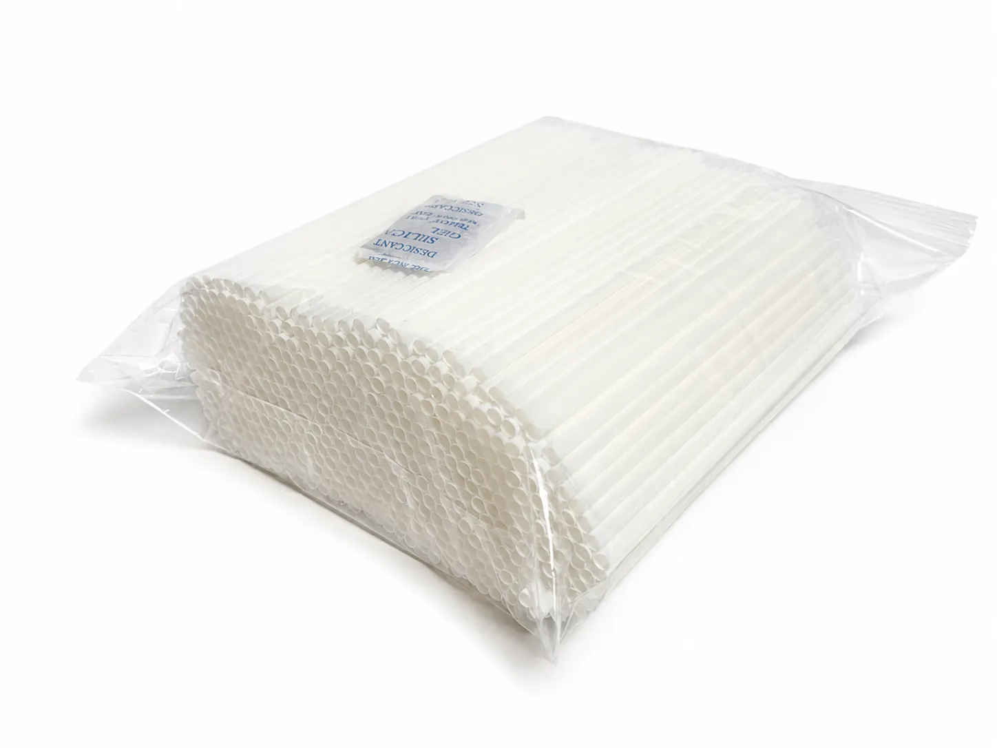 PureStalk 6mm Standard Drinking Straws - Plant-Based PLA - 0.24x8.3" (6x210mm) - Unwrapped Being Stored in a Bag Back with a Pack of Desiccants